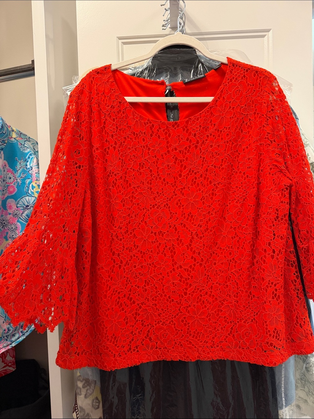 Women's Red Lace Bell Sleeve Blouse